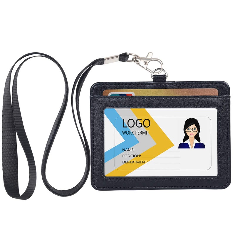 Teskyer Badge Holder with Lanyard, Leather ID Name Badge Card Holder with Lanyard for ID Badges, Horizontal Black - Image 1